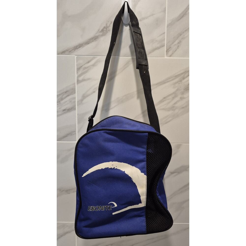 Vintage Blue Ebonite Single Ball Bowling Canvas Bag w Plastic Ball Holder 11x10"